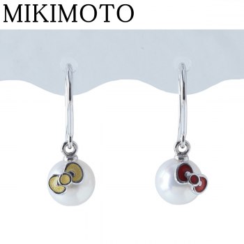 Mikimoto Hello Kitty Pearl Hook Earrings - 6.1mm Akoya Pearl, Enamel, Sanrio Collaboration, Newly Finished