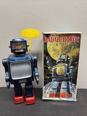 1960s Blue Radar TV Robot Tin Toy by Horikawa with Box - Rare Original in Operational Condition