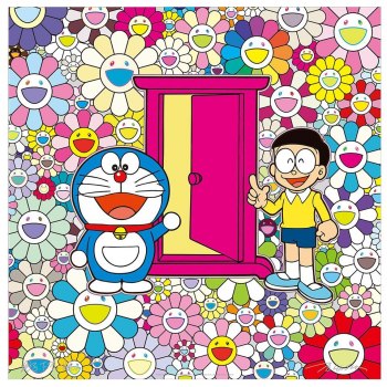 Takashi Murakami 2019 Doraemon Exhibition Limited Edition 300 Silk Screen Print - "Anywhere Door" in Flower Field - Brand New and Sealed